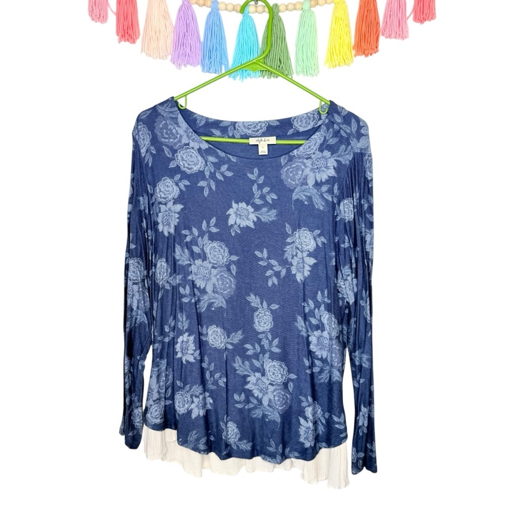 Style & Co. Blue Floral Long Sleeve Tee